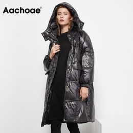 Aachoae Fashion Black Hooded Coat Women Long Sleeve White Duck Down Jacket With Pockets Streetwear Thick Warm Long Coats Winter 201103