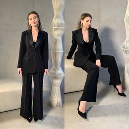 Cool Black Ladies Suits For Wedding Mother of the Bride Blazer Wide Leg Set Evening Party Tuxedos Street Wear 2 Pieces