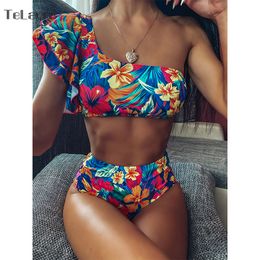 2020 New Sexy High Waist Bikini Swimwear Women Swimsuit Push Up Biquini Bathing Suit One Shoulder Ruffle Swim Suit Beach Wear T200708