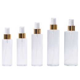 Empty Plastic Clear Bottle Flat Shoulder PET Gold Collar White Spary Pump With Cover Refillable Cosmetic Packaging Container 100ml 120ml 150ml 200ml 250ml