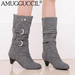 2020 New Plus Big Size 34-43 Black Beige Gray Yellow Buckle Fashion Mid Heel Calf Female Lady Autumn Winter Women Boots X18471