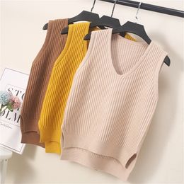 Autumn Women Sweater Waistcoat Korean Womens Elegant Student V-neck Pullover Knitting Tops Outerwear Vest Pink Black Blue 201214