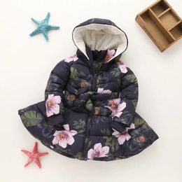 Winter 2020 coat Kid Baby Girl Floral Print Hooded Jacket Girls Kids Padded Jacket Long Sleeve Bow Casual Children's Outerwear LJ201125