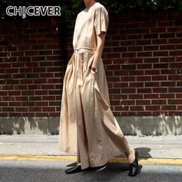 CHICEVER Korean Jumpsuit For Women Short Sleeve High Waist Drawstring Lace Up Plus Size Wide Leg Jumpsuits Female Clothes T200509