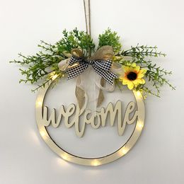 Wooden Craft Wreath Door Decortion Hanging Pendant Home Living Room Christmas Deor Supplies Led Accessories Artificial Flowers