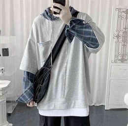 Hooded sweater men's autumn Korean fashion versatile top loose fake two striped hip hop handsome coat G1229