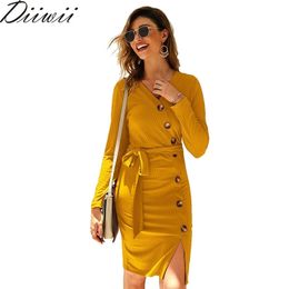 Diiwii V Neck Single-breasted Slim Ladies Office Autumn Winter Solid Sashes Knitted Dress Women Cotton Full Sleeve Casual 201027