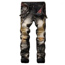 Wholesale- 2017 Slim fit straight plus Men Jeans slim fit wing embroidered biker denim pants Male rap casual hole ripped punk jeans1