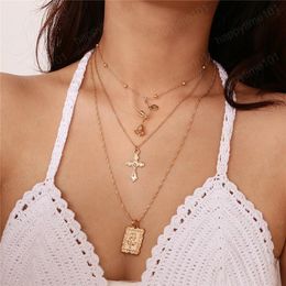 Geometric Rose Multi Layer Cross Pendant Chain Square Gold Beads Flower Necklaces Women Floral Fashion Neck Jewellery