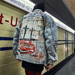 Devil Hand Painted Printing Men Jeans Denim Cartoon Graffiti Print Loose Coats Vintage Hip Hop Fashion Jacket 201223