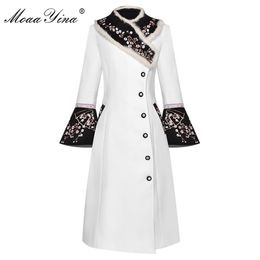 MoaaYina Fashion Designer Woollen coat Winter Women Rabbit fur collar Long sleeve Embroidery Elegant Keep warm Overcoat 201218