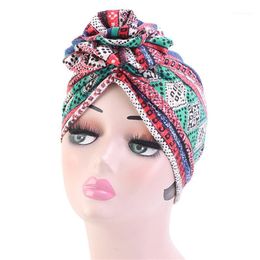 Beanie/Skull Caps Fashion Flower Printed Ladies Turban Hat Boho Ethnic Muslim Beanie Women Knot Twist India Female Head Wrap1