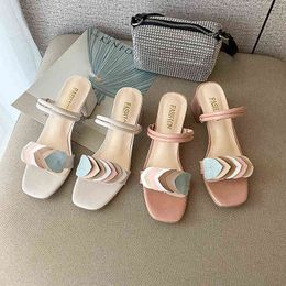 Summer large size comfortable one word thick heel temperament women elegant two wear leaf splicing sandals