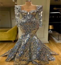 silver designer mermaid evening dress luxury sequins long sleeves prom dress hot sale sweep train custom made robe de soire