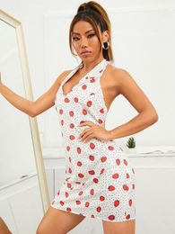 Strawberry & Polka Dot Print Lapel Collar Open Back Halter Dress SHE