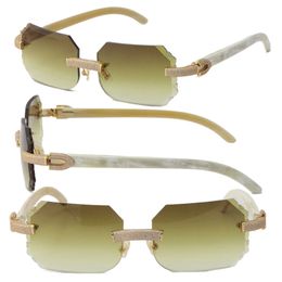 2022 New Micro-paved Rimless Luxury Diamond Set Sunglasses White Genuine Natural Buffalo Horn Sun Glasses Rocks Frame Male and Female C Decoration 18K Gold