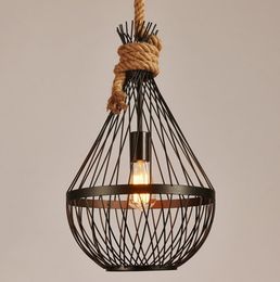 Retro Pendant Light American Country Restaurant Light Vintage Industrial Black Iron Pendant Lamps with Hemp Rope