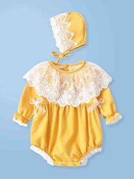 Baby Floral Lace Ruffle Trim Bodysuit With Hat SHE