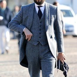 2021 New Classy Grey Wedding Tuxedos Herringbone Tweed Wool Men Suits For Formal Business Groom 3 Piece Man Set Tailcoat (Jacket+Vest+Pants)
