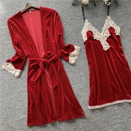 MECHCITIZ Ladies Sexy Velvet Gown Set Underwear Dress Women Sleepwear Bathrobe Pyjama Autumn Winter Lace Lingerie with Robe Y200429