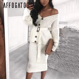 Affogatoo Elegant Two-piece knitted dress set women Casual autumn winter sweater dress suit Long sleeve button sashes skirt suit 201027