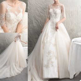 Elegant Wedding Dresses A Line 1/2 Long Sleeves Appliqued Lace Bridal Gowns Ruched Tulle Sweep Train Gorgeous Custom Made Robes De Mariée