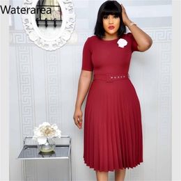 Spring S-3XL Women O-Neck Short Sleeve Solid Colour Pleated with Belt Mid-calf Length Dress Office Lady DressD049 220210