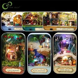 Box Theatre Nostalgic Theme Scene Wooden Miniature Puzzle Toy DIY Doll House Furnitures Countryside Notes GYH 201217