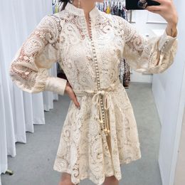 [EWQ] Spring New Sweet O-Neck Puff Sleeve High Waist Dress Women Crochet Embroidery Elegant Elastic Waist Lace Dress QX175 201204