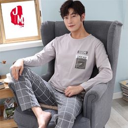 Pyjamas Set For Men 100% Cotton Casual Letter Striped O-neck Sleepwear Pyjamas Autumn Winter Long Pyjamas Big Size L-XXXL LJ201112