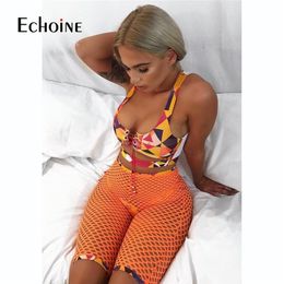 Echoine women 3PCS Swim Suit print bandage bikini set Mesh shorts bathing suit push-up swimwear sexy Hollow out Beach Wear femme T200708