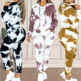 Women's 3 Piece Marble Tie Dye Sweatsuit and Hoodies Tracksuit Sweatpants Pullover Joggers Casual Set 211221