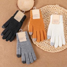 Winter ladies solid knit keep plush padded touch screen non-slip soft keep warm gloves outdoor cycling driving gloves