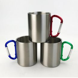 200pcs Free Shipping 220ml Stainless Steel Outdoor Coffee Mug Mug Double Wall Cup Carabiner Hook Handle Cups Mug