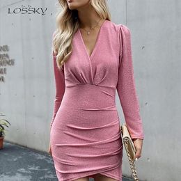 Women Dress Autumn Sexy Elegant Ladies Red Long Sleeve Ruched Slim Fitted Party Dresses For Women Fall Fashion Clothes 201204