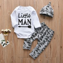 3Pcs Newborn Infant Baby Boys Clothes Set Long Sleeve Letter Little Man Romper+Dinosaur Print Pants+Hat Autumn Toddler Clothing LJ201023