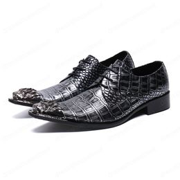 Snake Skin Genuine Leather Men Business Shoes New Fashion Large Size Lace up Metal Square Toe Formal Dress Shoes