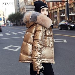 FTLZZ Winter Jacket Women White Duck Down Jacket Big Aritificial Fur Outwear Waterproof Loose Coat Thick Warm Down Parka 201201