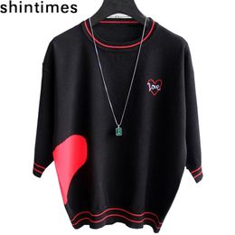 shintimes T Shirt Women Korean Fashion Love Colour Matching Loose Thin Short Sleeve Knitted T-Shirt Female Summer Black Tops 201028