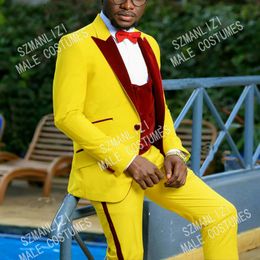 2021 Men's Suit Fashion Formal Business Slim Fit 3-Pieces Yellow Blazers Burgundy Vest Men's Tuxedo Wedding Men Suits Groom Suit