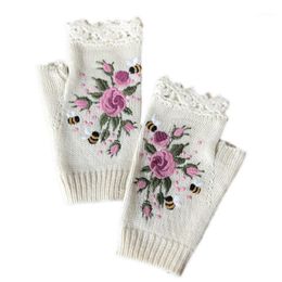 Five Fingers Gloves Women Winter Knitted Fingerless Floral Bee Embroidery Thumbhole Mittens X7YA1
