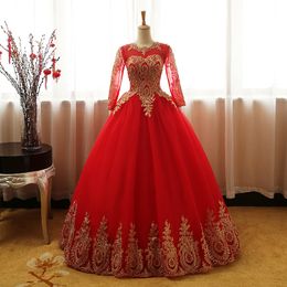 2021 New Princess Gold Appliques Red Ball Gown Quinceanera Dresses Long Sleeve Sweet 16 Dress Debutante Prom Party Dress Custom Made 010