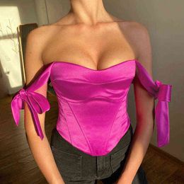 Satin Neon Crop Top Mulheres Fashion Bandage Lace Up camisetas Tees Slim CorSet Tops Sexy Francês Romance Neon Vest Feminino Streetwear Y220304