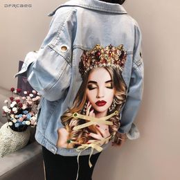 Portrait Print Women Jeans Jacket With Eyelet Fashion Summer Streetwear Denim Beading Coat Loose Vintage Outwear 201106