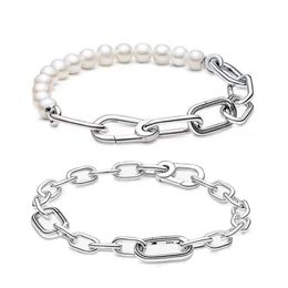 ME Link Chain Freshwater Cultured Pearl Bracelet For Women Girl Gift Real 925 Silver Adjustable Oval Circles Jewelry Trend 220309