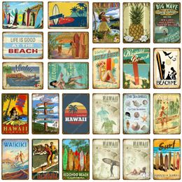 2021 Vintage Surf Shop Decor Aloha Hawaii Metal Tin Signs Wall Art Painting Plate Seaside Bar Pub Club Plaque Waikiki Beach Poster 30X20cm