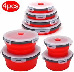 Round Silicone Folding Lunch Box Set Microwave Folding Bowl Portable Folding Food Container Box Salad Snack Bowl With Lid T200709