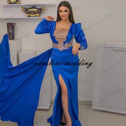 Modest Blue Mermaid Evening Dresses For Women Party Wear Satin V Neck Long Sheeves Formal Prom Gowns