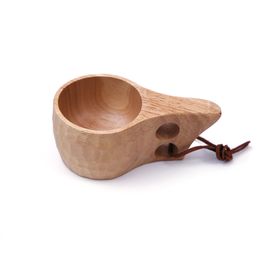 Nordic Style Mugs 4 Kinds Rubber Wood Tea Cups with Handles Wooden Coffee Mug with Rope Two Holes Handmade Portable Drinking Water Bottles