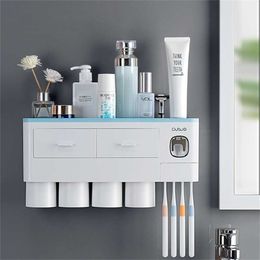 Toothbrush Holder Automatic Toothpaste Squeezer Dispenser Storage Rack Bathroom Accessories Magnetic Adsorption Inverted 211222